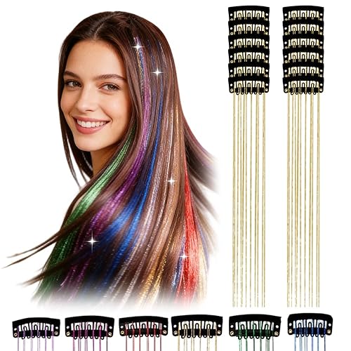 12 extensiones de cabello con clip, color champán, extensiones de cabello de oropel con clip, extensiones de cabello con purpurina para niñas y