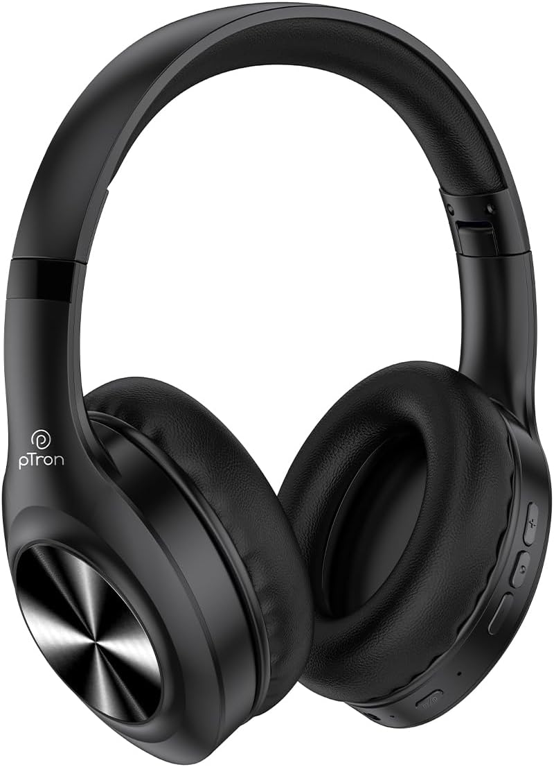 pTron Studio Pro 65hrs Playtime Wireless Over Ear Headphones with Mic, 45ms Low-Latency Gaming, Deep Bass, BT5.3 Quick Connect, Dual Device Pairing, Voice Assistant & Type-C Fast Charging (Black)