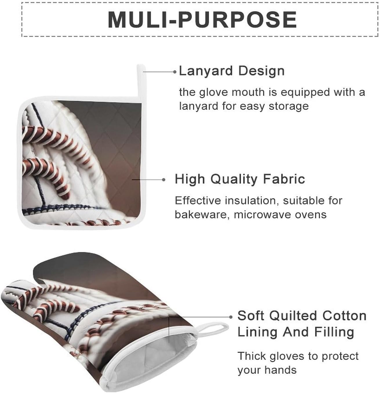 Oven Mitts Pot Holders Kitchen Baseball Lace Close Up Heat Resistant Oven Glove for Baking and Cooking