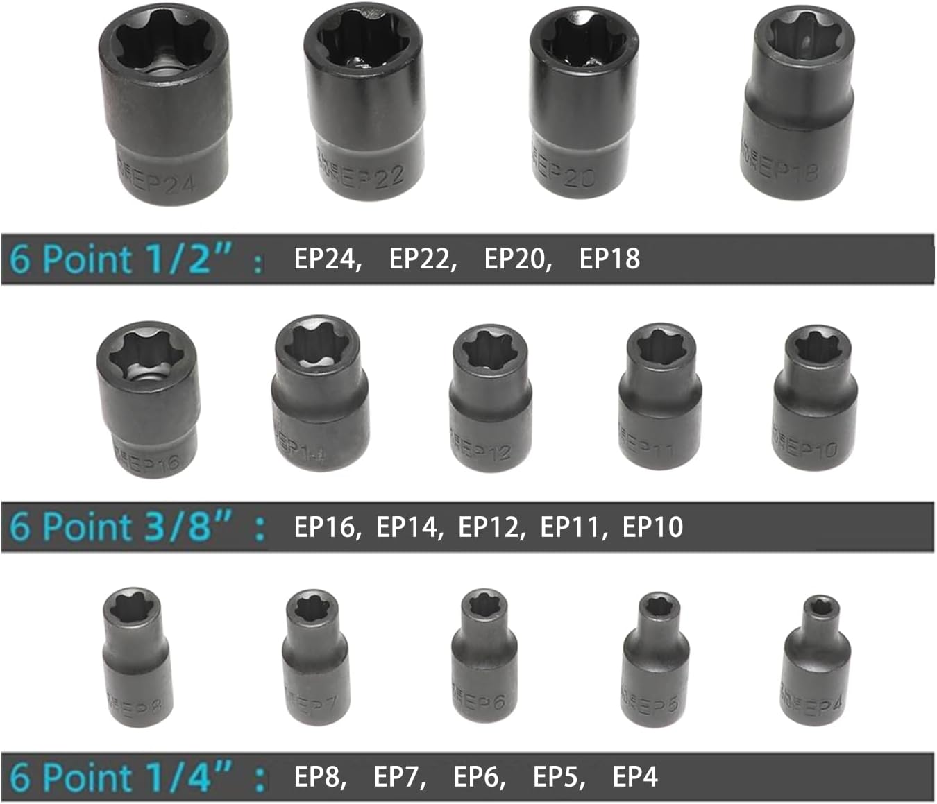 External Torx Plus Socket Set 6 Point EP Socket EP4, EP5, EP6, EP7, EP8, EP10, EP11, EP12, EP14, EP16, EP18, EP20, EP22, EP24 with 1/2'' 3/8'' 1/4'' Dr E-Torx Plus Socket 14pc