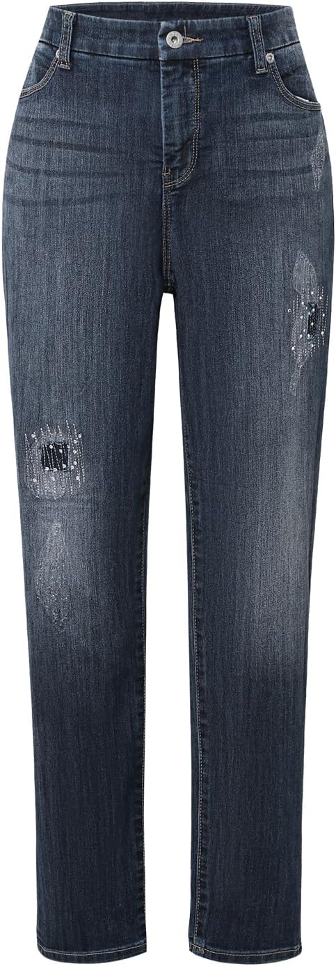 Women's High Waisted Stretch Sequins Skinny Fit Straight Wide Leg Denim Jeans with Pockets