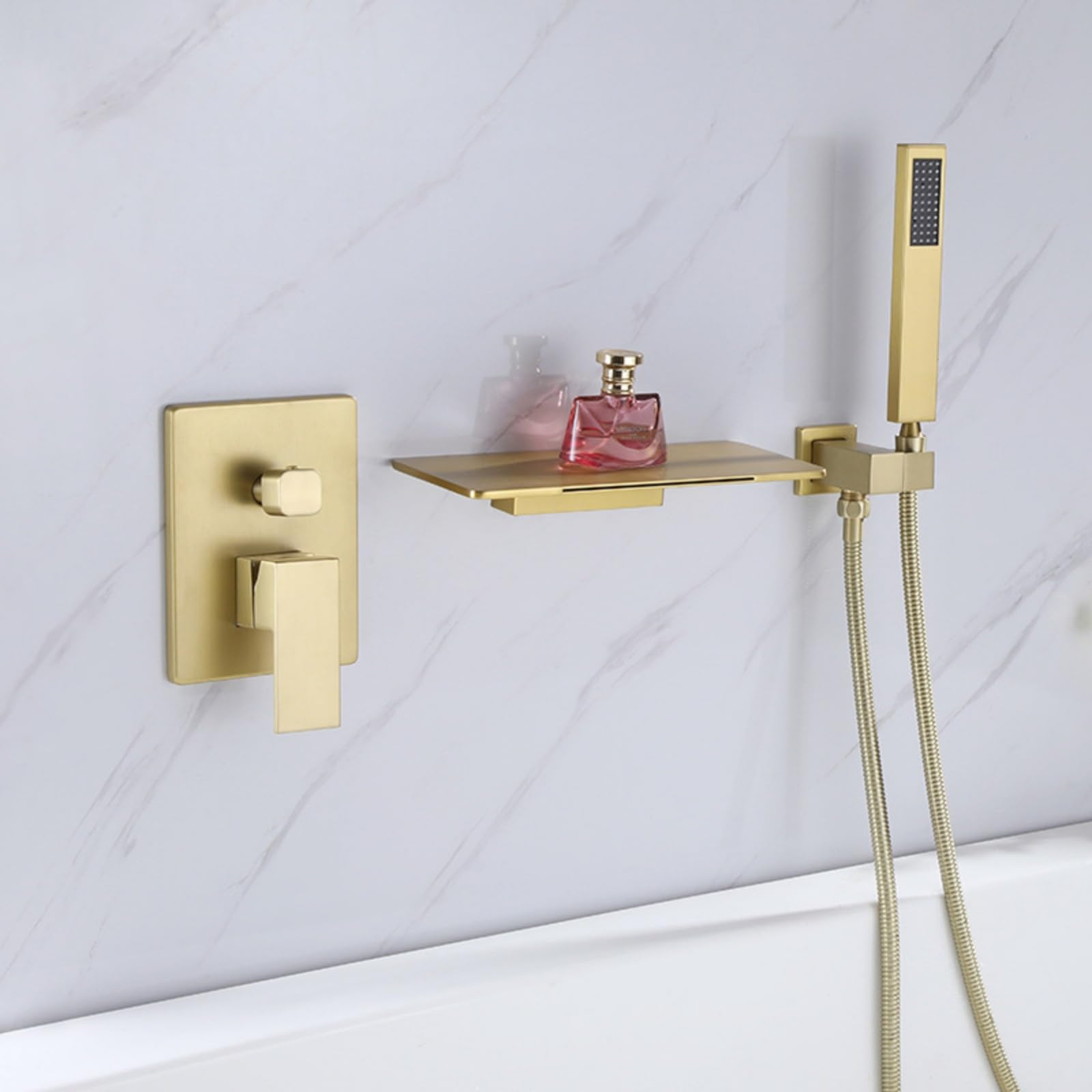 Mitigeur de baignoire cascade or brossé avec douchette et tuyau de douche LWX