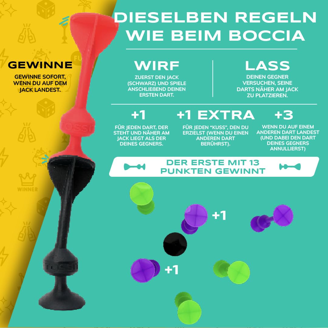 TOSSIT Spiel Saugnapf Darts, Indoor Outdoor Drinnen Draußen, Boccia, Petanque, Wurfspiel, Nachhaltig langlebig Silikon, Boden oder Wand, Twin Pack, Pink Hellblau Lila Grün