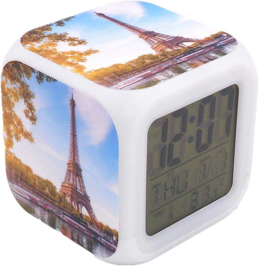 BoWay 3＂Desk & Shelf Clock Paris Eiffel Tower Digital Alarm Clock with Led Lights Blue Table Clock for Kids Teenagers Adults Home/Office Decor