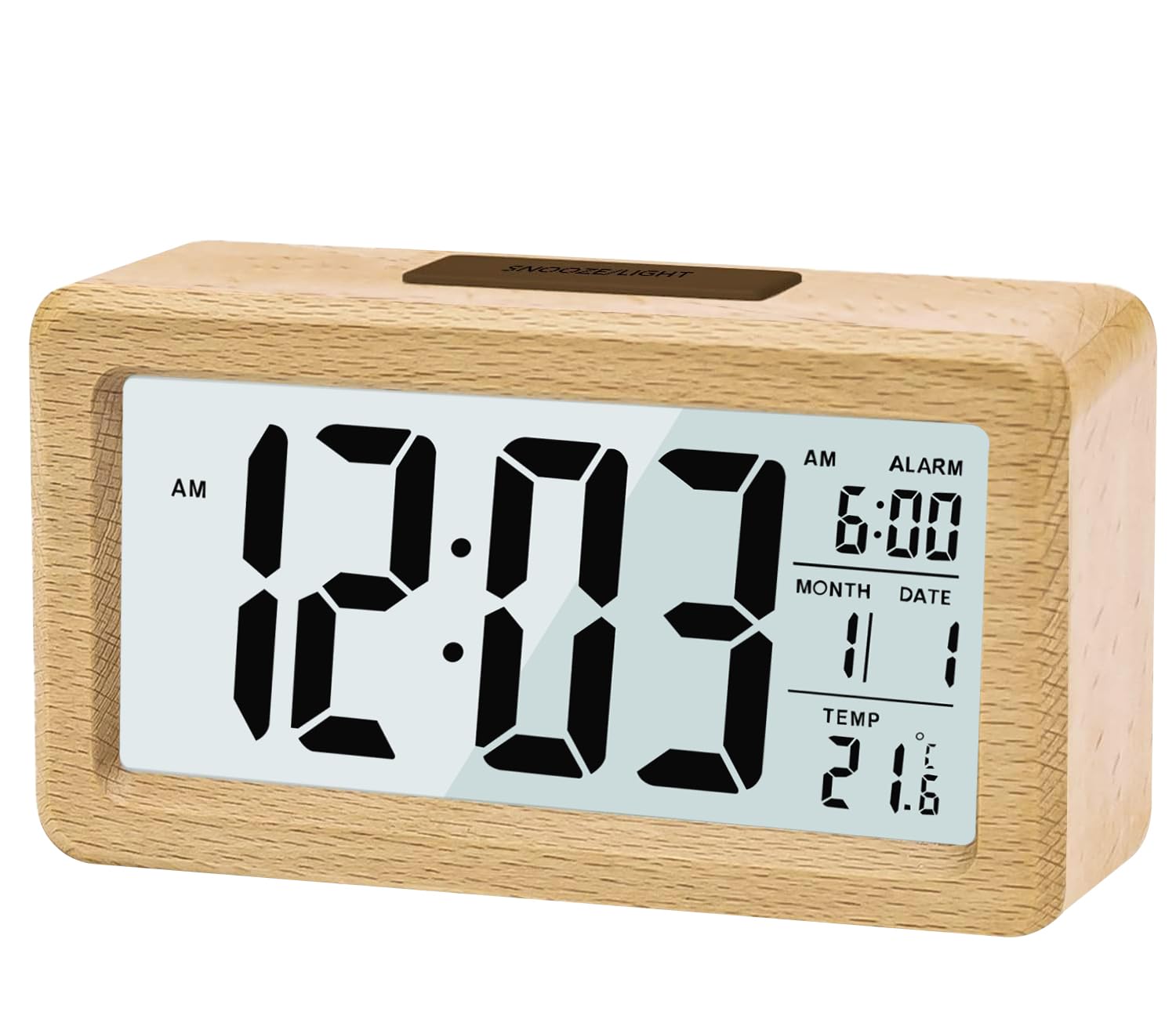 LEAZZLE Digital Alarm Clock, Wooden Alarm Clock with Sensor Modules, Table Clock with Large Display, Date, Temperature Display, Night Light, Digital Clock with Snooze Modules, for Bedroom, Bed, Home,