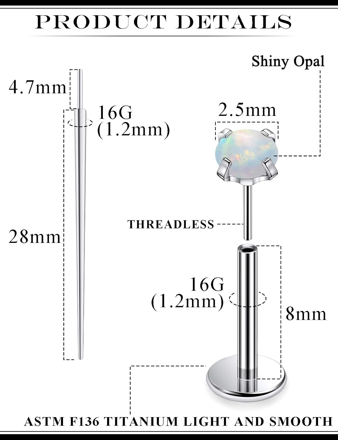 20G 18G 16G F136 Titanium Threadless Flat Back Earrings Nose Studs Tragus Forward Helix Conch Cartilage Lobe Earrings Medusa Labret Snake Bite Monroe Lip Ring Piercing Jewelry For Women Men - Image 2