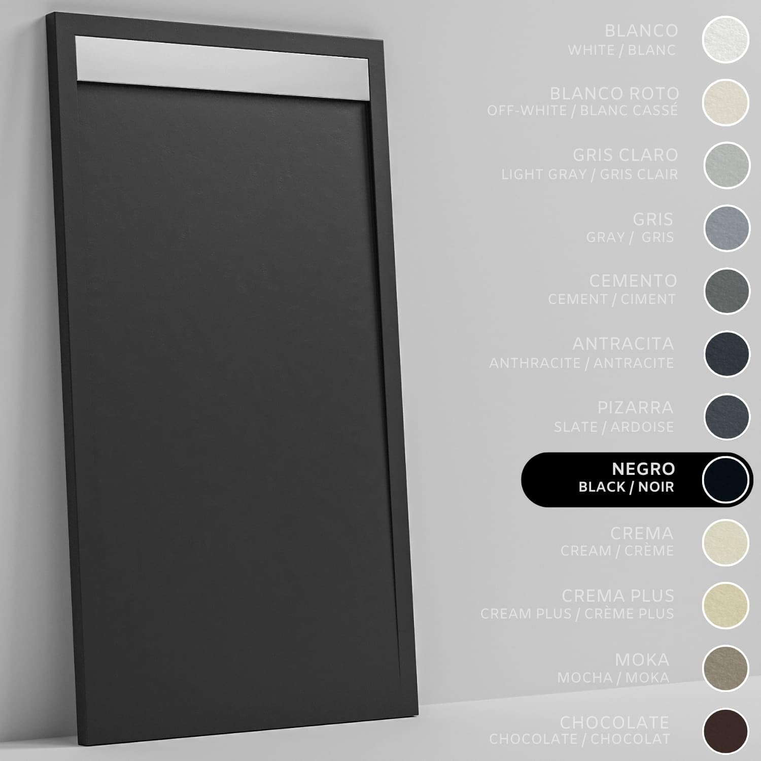 SoulHome Plato de Ducha Resina Negro 120X70 Diseño Minimalista Inox | Antideslizante C3, Extraplano, Resina y carga mineral, Textura Liso Piedra, Antibacteriano, Gel-coat, Incluye válvula desagüe