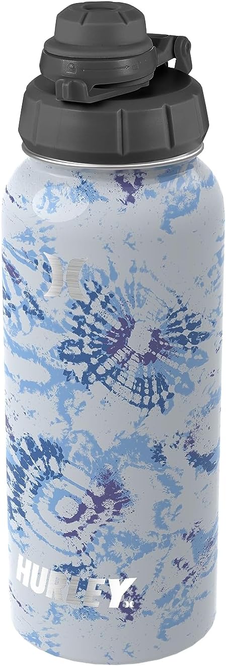 Hurley Insulated 32 Oz Stainless Steel Water Bottle, Travel & Sports Bottle with Flip Open Straw Lid - Cayman Light Blue