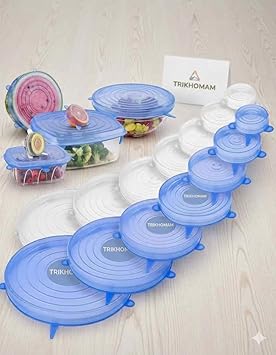 Silicone Stretch Lids Set, 6 pcs Sizes, Reusable Food Storage Covers, Blue