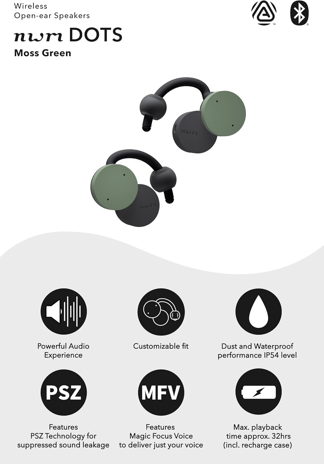 nwm DOTS Wireless On-Ear Speakers (Open Ear Earphones) Sound Leakage suppressed (PSZ Technology - Bone Conduction Alternative) with Optimal Microphone Function Designed in Japan | Moss Green - Image 3