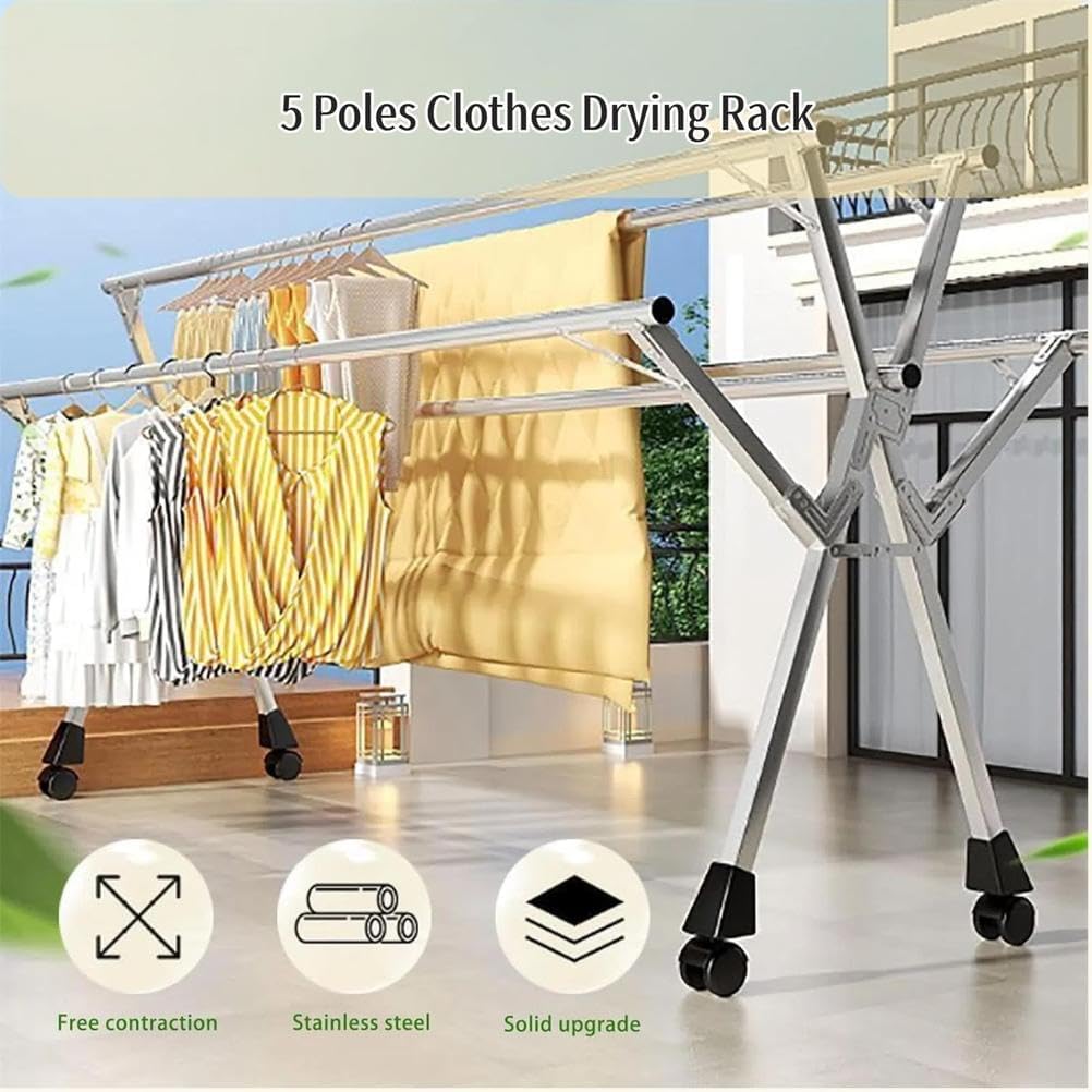 Clothes Drying Rack, 5 Pole Stainless Steel, Portable and Foldable, Adjustable Telescopic Design for Indoor and Outdoor Use,1.35m