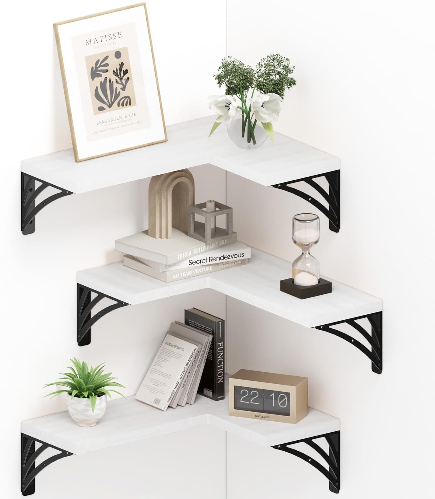 Boswillon 3 Tier Corner Floating Shelves with Protective Lip, Modern White Corner