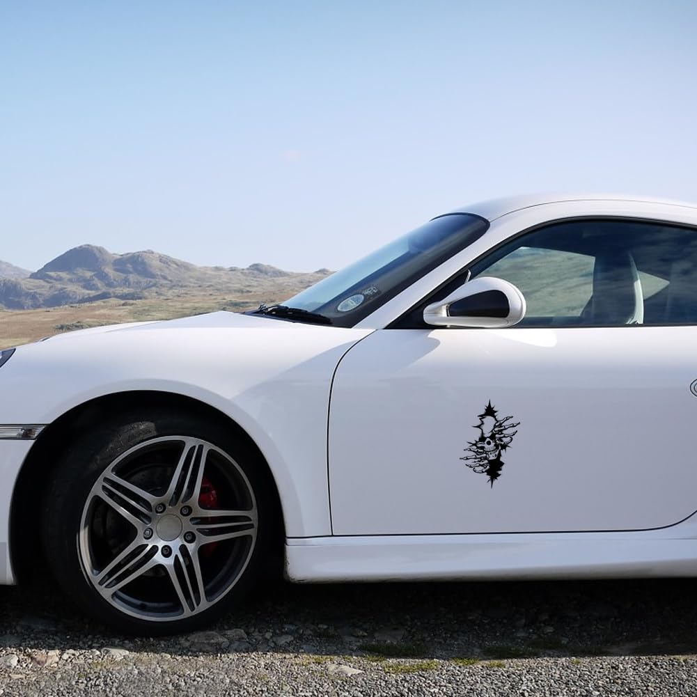 2 Adesivi Teschio Auto 12x18cm - In PVC, Bianco, Decorazione Horror Per Auto E Moto, Facili Da Applicare