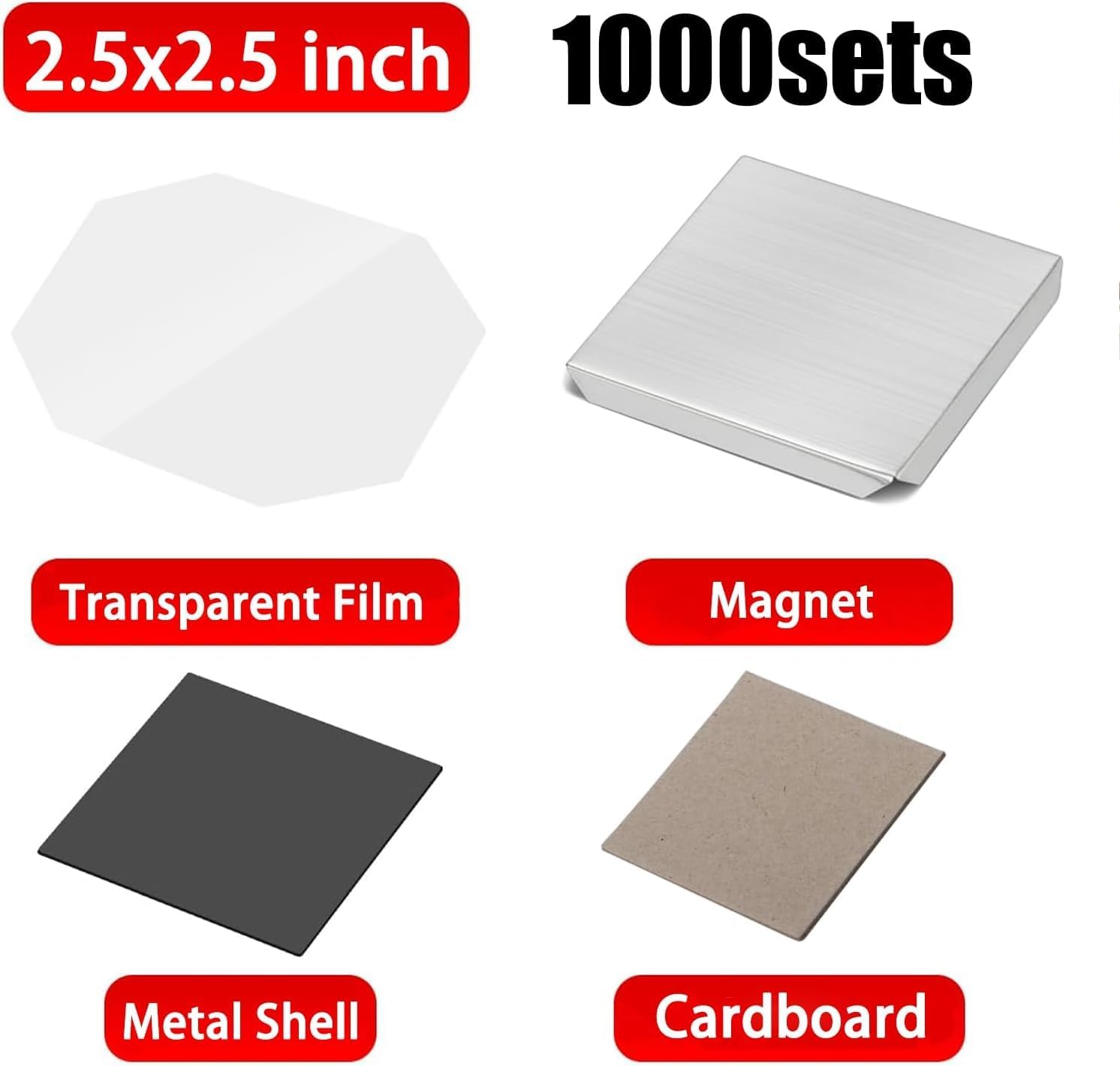 Acrylic/Cardboard Magnet Maker Supplies, 500/1000 Sets 2x2in/2.5x2.5in DIY Photo Fridge Magnet Consumables with Metal Shell for Magnets Maker Machine Press Square