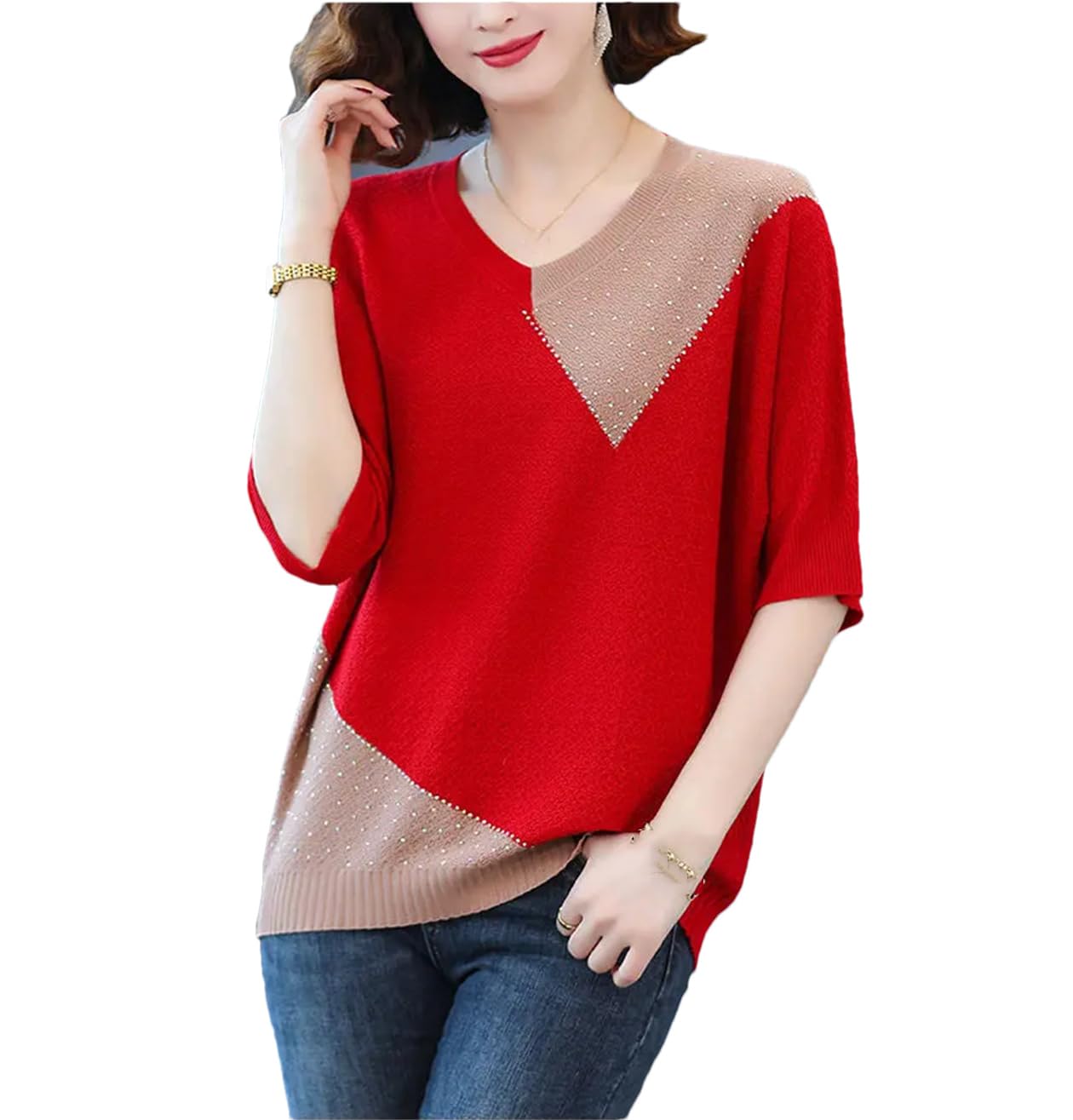 Wjnvfioo Moda Donna Maglia T-Shirt Primavera Estate Mezza Manica Scollo a V Sciolto Contrasto Colore Pullover Casual Top