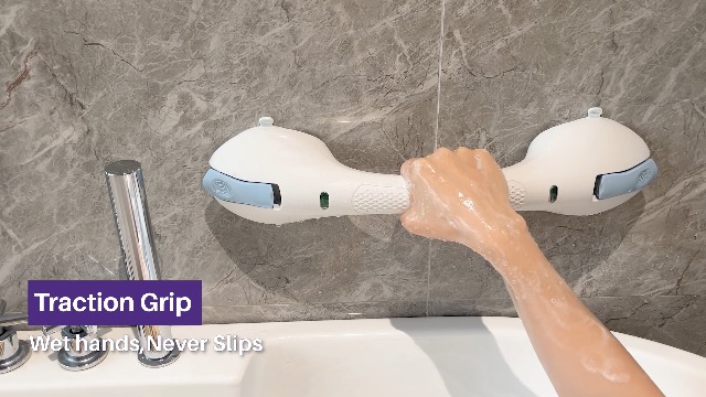 KEKOY 17.5" Heavy Duty Suction Grab Bar For Bathtub & Shower – No-Drilling Safety Handle With Visual Grip Alert, 264lbs Support, Waterproof & Removable (Purple)