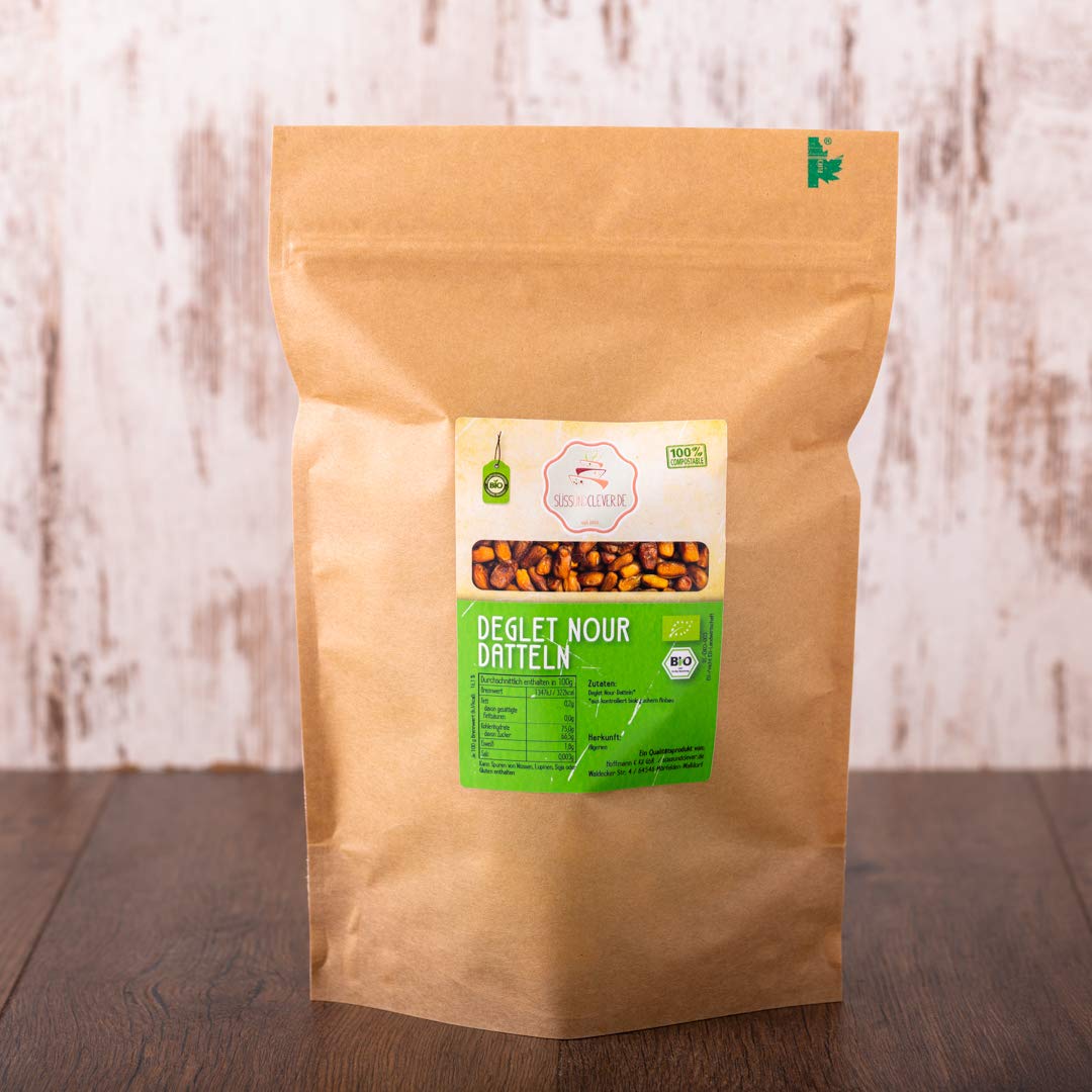süssundclever.de® | Bio Deglet Nour Datteln | ohne Kern | 5,0 kg (5 x 1,0 kg) | Premium Qualität | hochwertiges Naturprodukt ohne Zusätze | plastikfrei und ökologisch-nachhaltig abgepackt