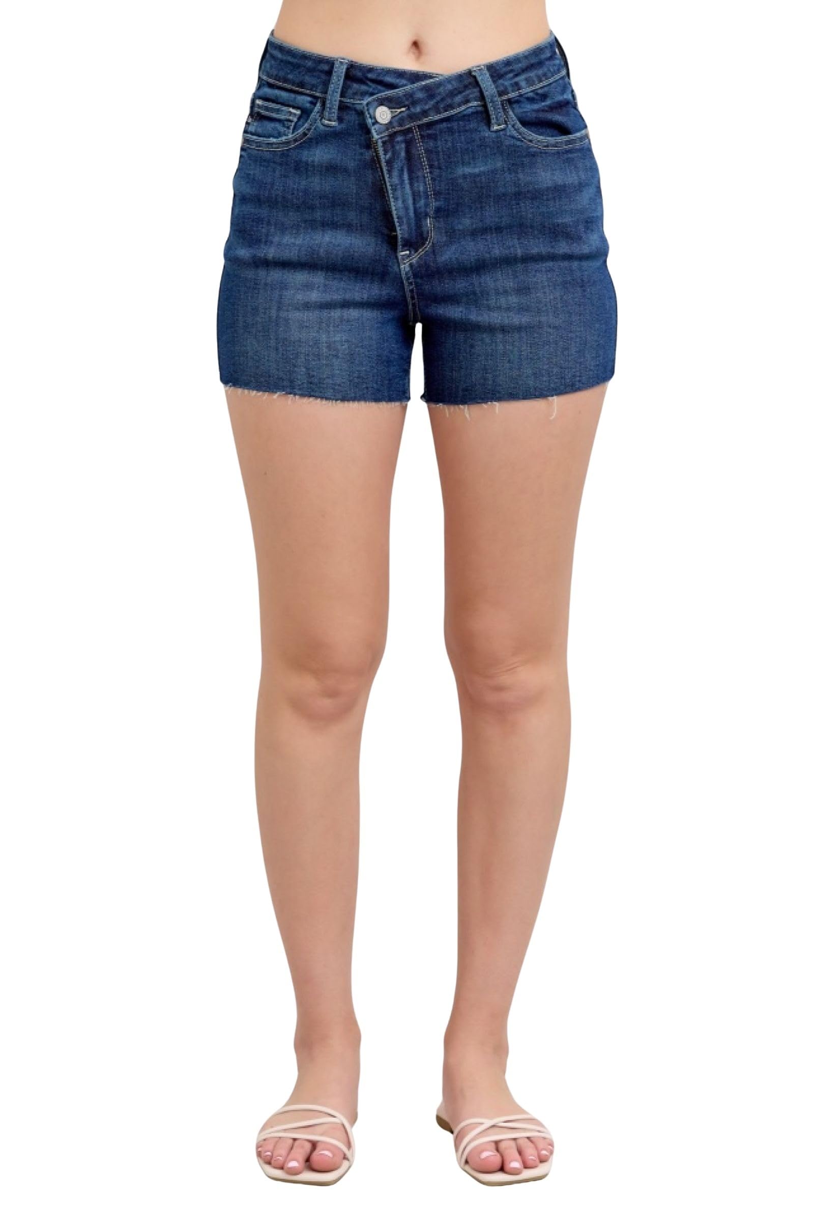 Judy Blue Women's High-Rise Criss Cross Waistband Raw Hem Denim Shorts