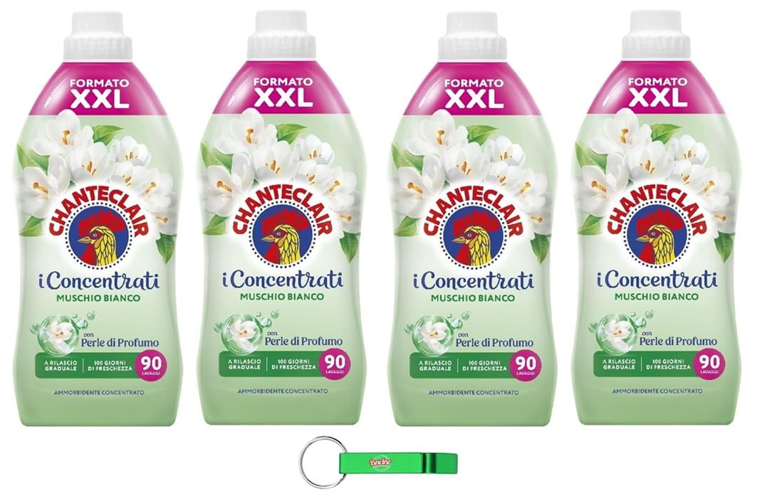 4x Chanteclair I Adoucissant Concentré, Musc Blanc – 90 Lavages, 1,8 L + Beni Culinari Porte-clés Gratuit