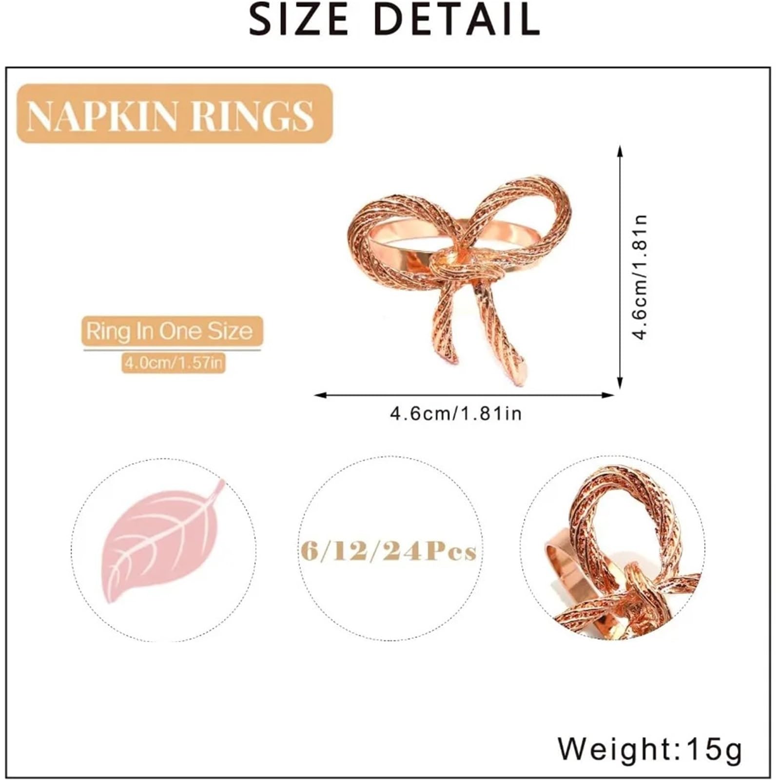 Ronds de Serviette Ensemble 24 Ronds en Or Rose Porte-Serviettes métal Vrac