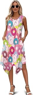 Women's Casual Summer Dress Sleeveless Sundress Hankerchief Hem Midi Tank Beach Dress with Pockets