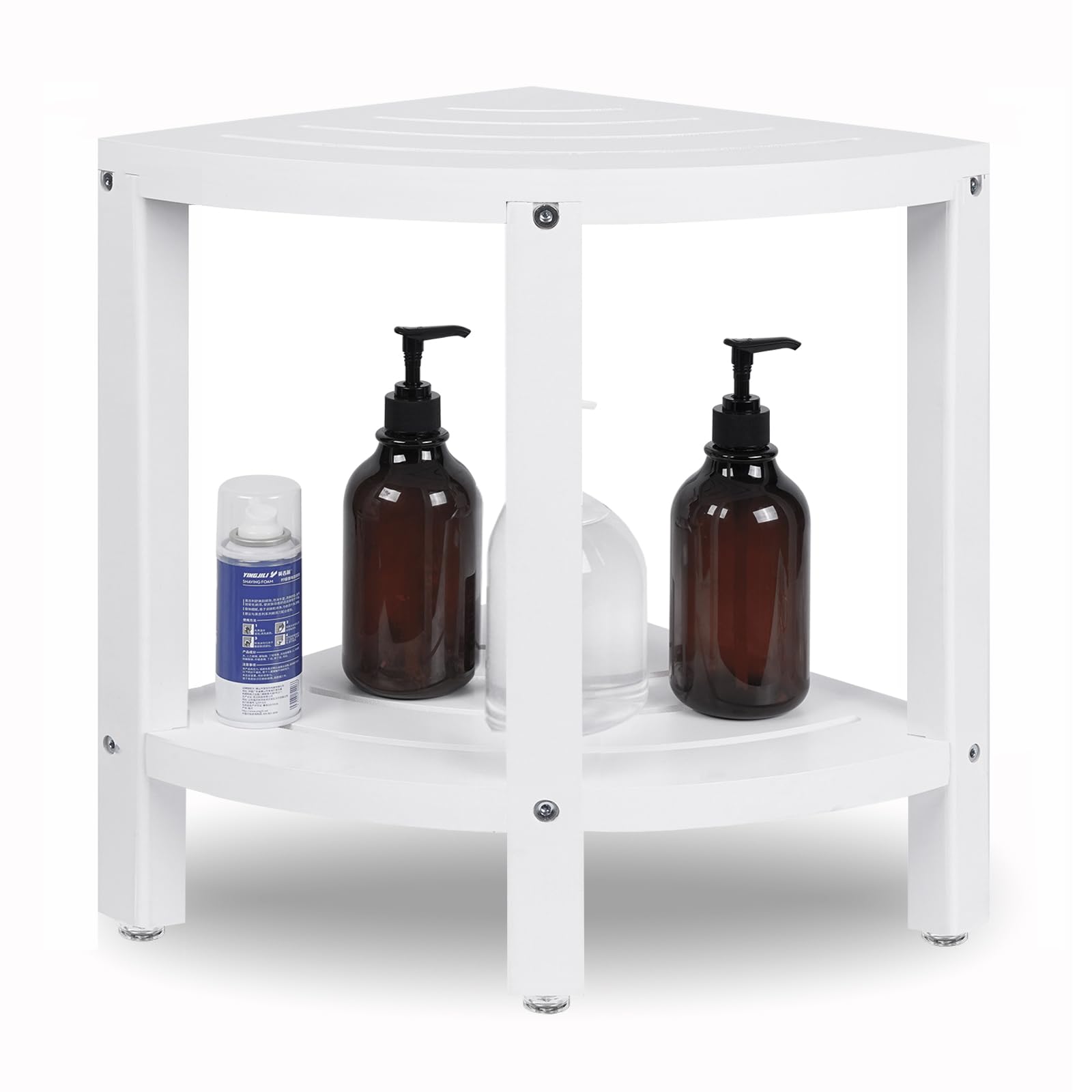 Corner Shower Bench with Storage Shelf,Waterproof Bamboo Corner Shower Stool for Shaving Legs,Easy Assemble Non-Slip Shower Chair for Bathroom,Stable & Sturdy Adjustable Feet Shower Seat(White)