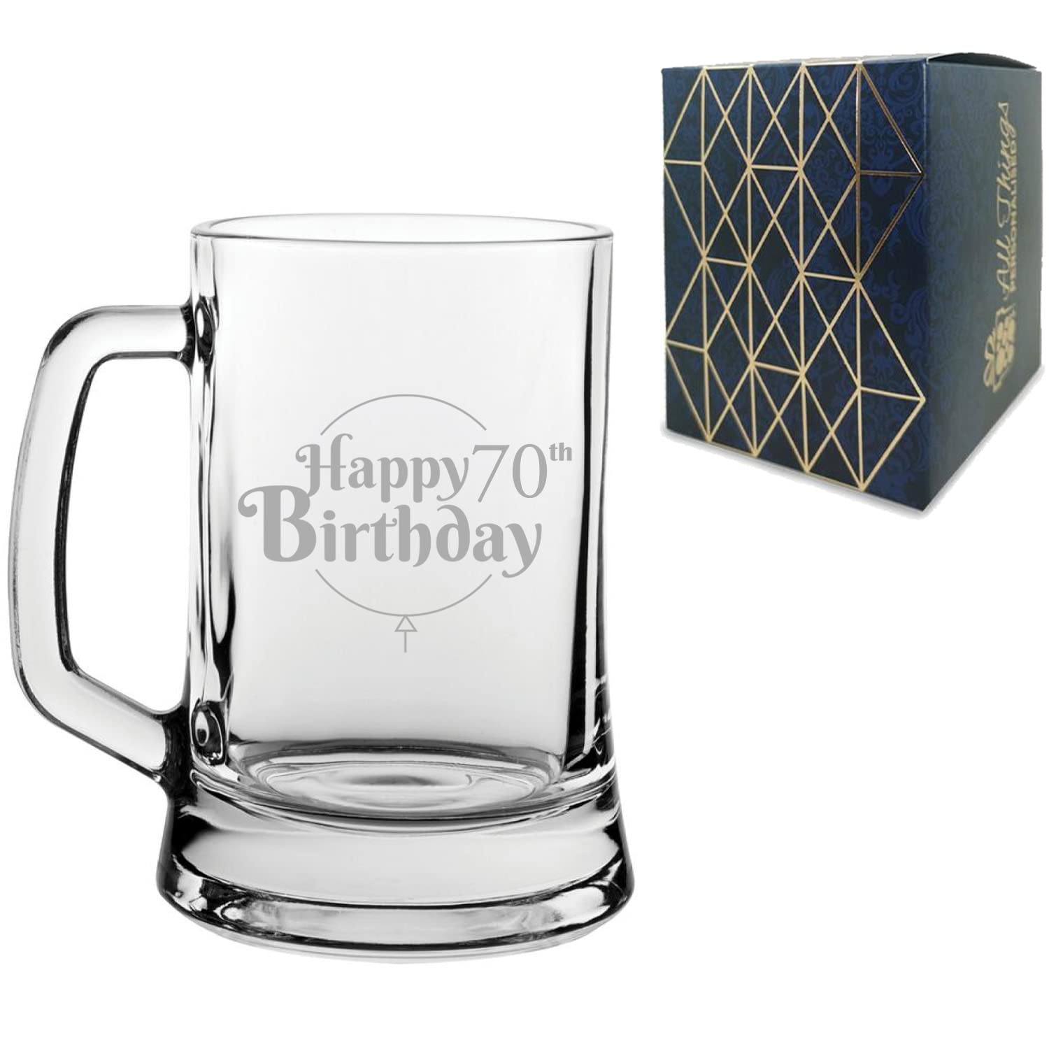 Verre à bière gravé pour 70e anniversaire, peut contenir une chope de 495 ml, boîte cadeau, motif ballon « Happy Birthday », cadeau pour lui ou elle, gravé au laser au Royaume-Uni