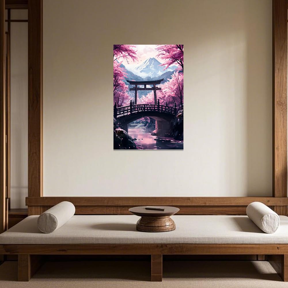 ZXHYWYM Japanese Wall Art Pink Cherry Blossom Pictures for Bedroom Japan Landscape Poster Prints Sakura Canvas Painting Framed Ready to Hang (30 x 45 cms) - Image 3