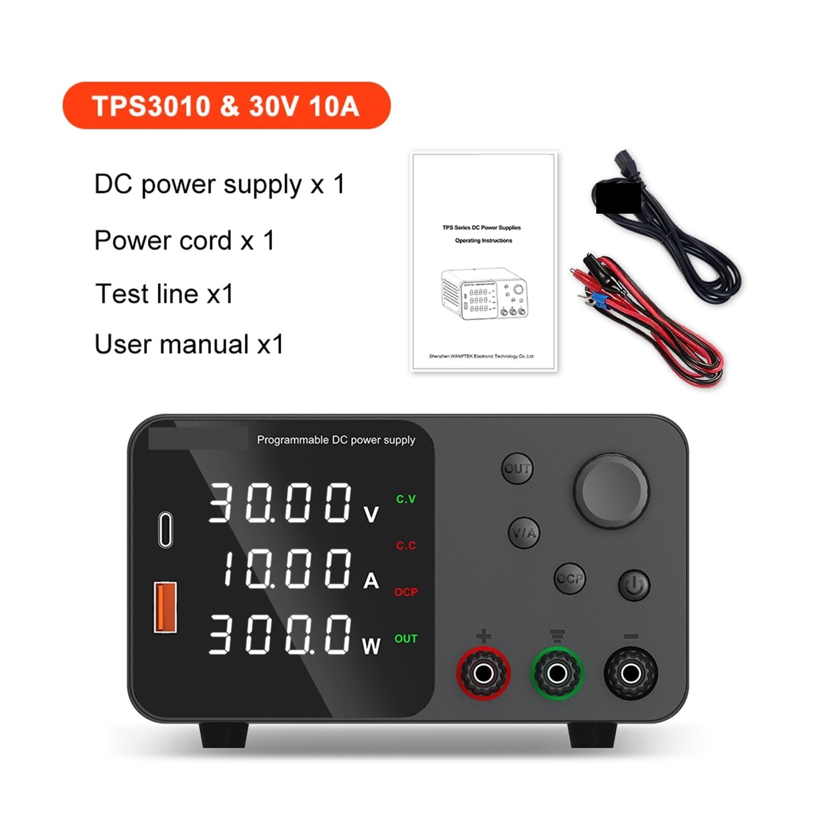 Fuente de alimentación de CC, Fuente De Alimentación Laboratorio 30V 10A Con Carga Rápida USB Corriente Voltaje Regulable 5A 60V 120V 3A CC(TPS3010 Black)