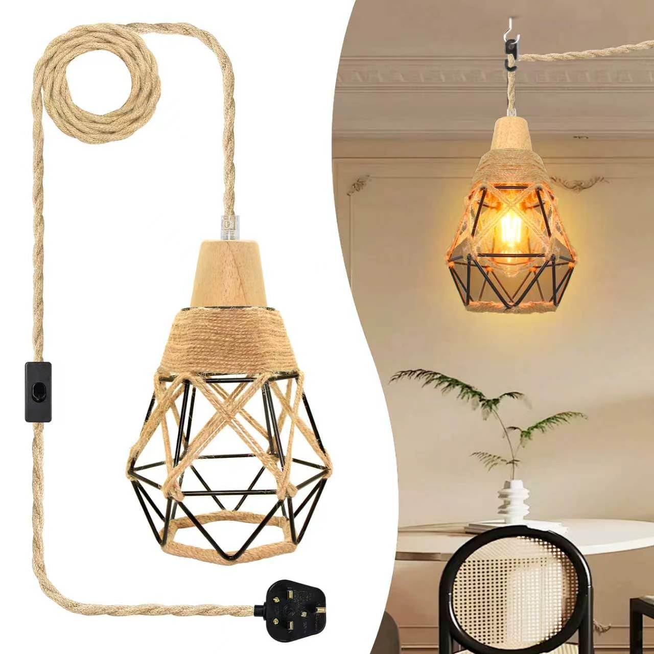 Plug in Hemp Rope Pendant Light Cord Kit, 510CM Hanging Lamp Fixture with Industrial Metal Cage Lampshade, UK Ceiling Lamp with On/Off Switch, E27/E26 Vintage Geometric DIY Rustic Hanging Light