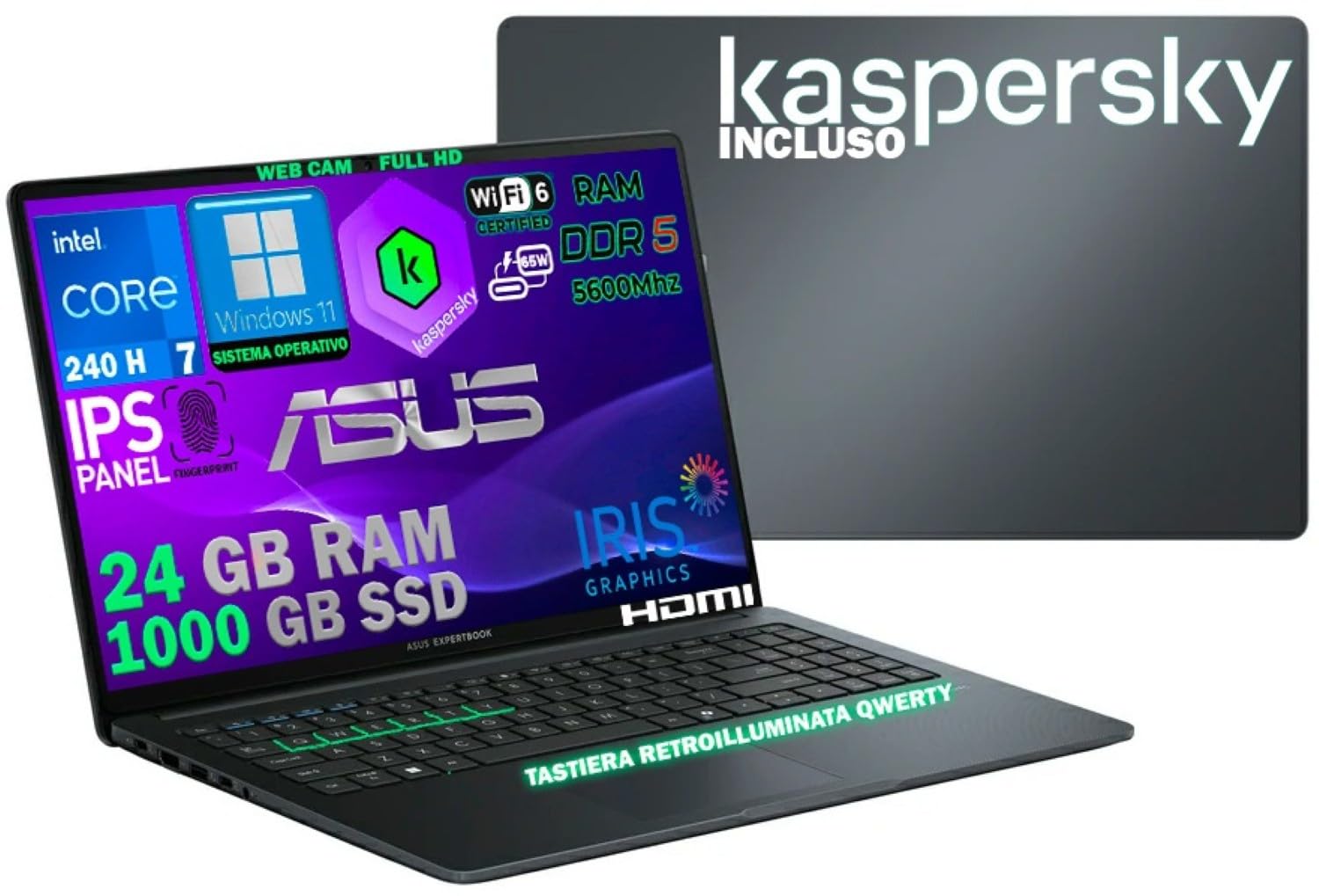 ASUS Notebook ExpertBook 15,6" Intel Core 7-240H 14ª Gen fino a 5GHz, 24GB RAM DDR5, 1TB SSD, Win11 Pro, incluso KASPERSKY Tastiera Retroilluminata, QWERTY, Fingerprint
