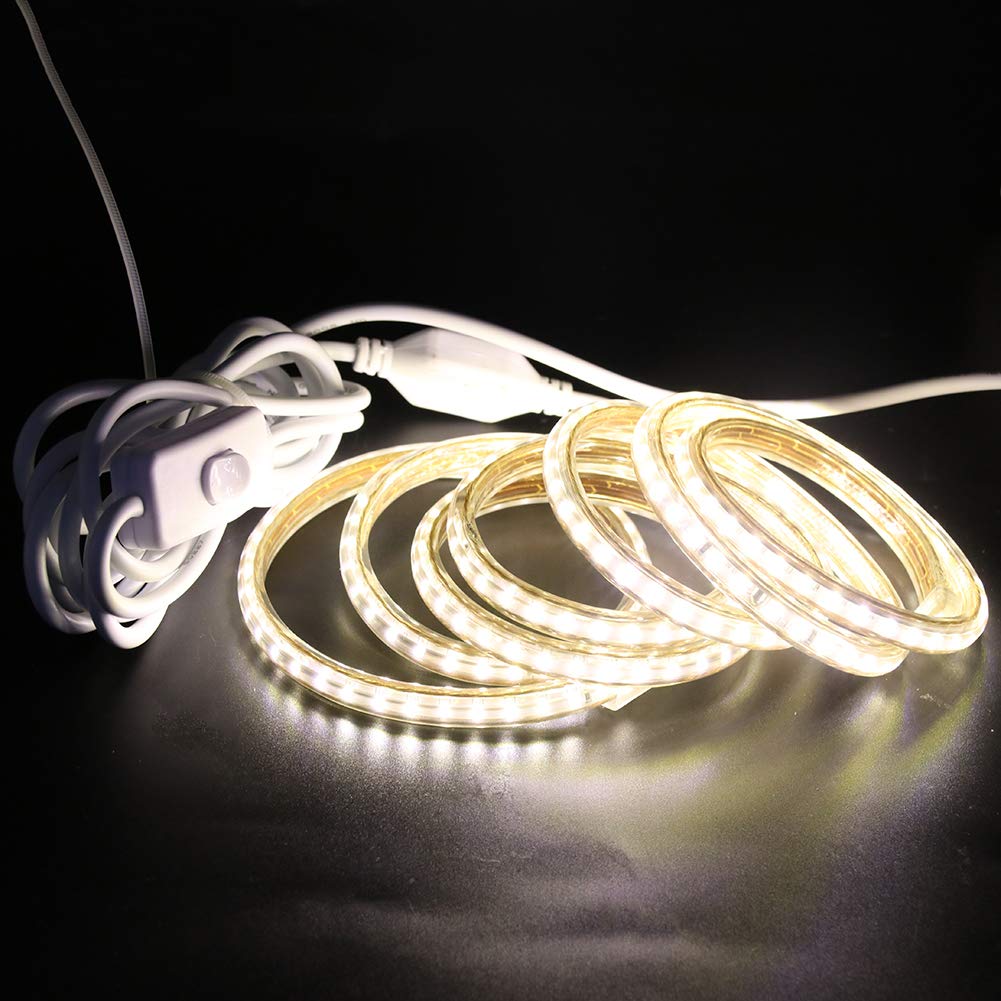 XUNATA Bianco Caldo Strisce LED con Interruttore e Alimentatore 220V, 3014 120LED/m, IP65 Impermeabile, Flessibile Striscia a LED per Scaletta Tetto Cavi da Cucina Decorazione- 15m