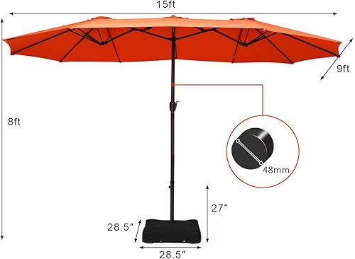 Vista 5 de Tangkula Paraguas de doble cara para patio de 15 pies con base, sombrilla de mesa individual extragrande para exteriores con manivela Naranja