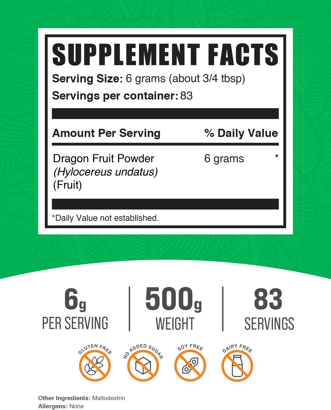 BulkSupplements.com Dragon Fruit Powder - Dragon Fruit Supplement, Pink Pitaya Powder - Gluten Free, 6g per Serving, 500g (1.1 lbs) (Pack of 1)