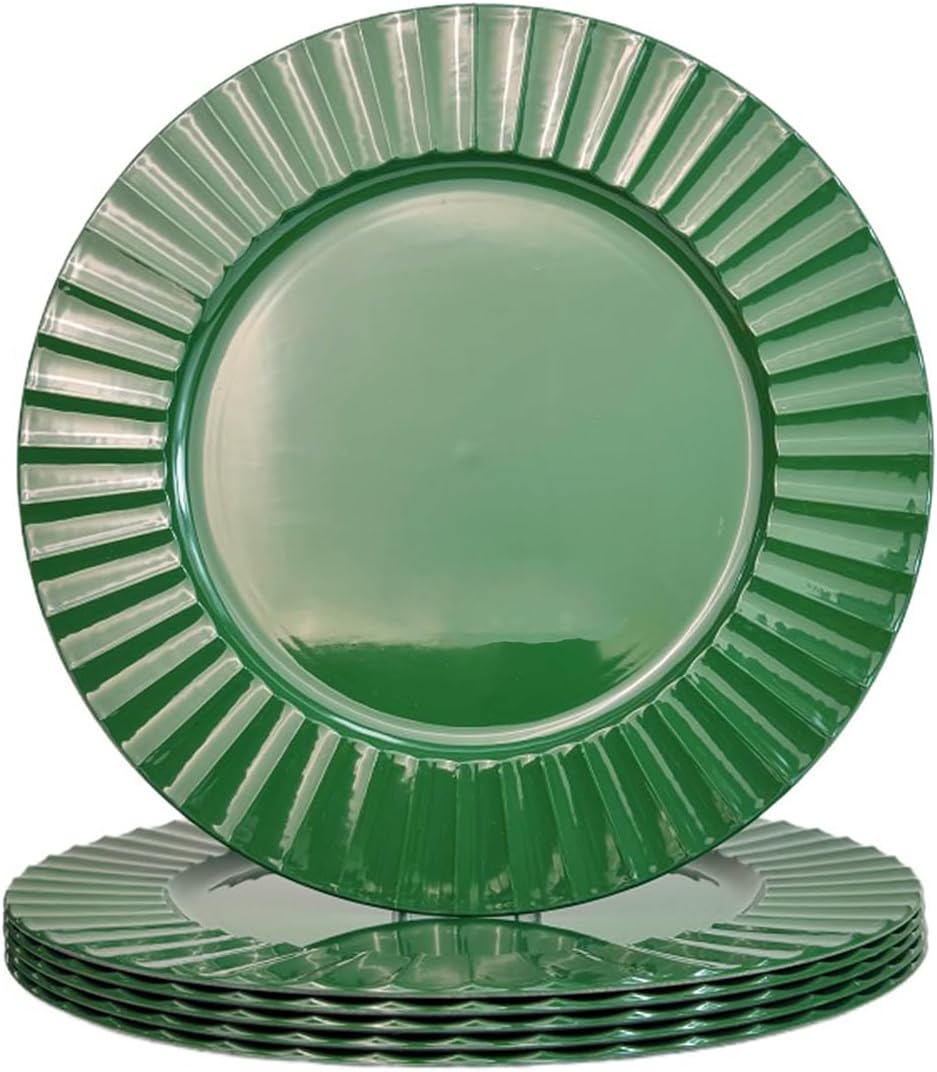 Green Charger Plates, Round Plate Chargers with Waved Scalloped Rim, Plastic Plate Charger for Dinner Plates for Thanksgivng, Christmas, Holidays, Tabletop Decor(13", Set of 6)