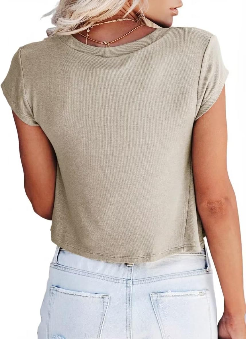 WMZCYXY Women V Neck Crop Tops Cap Sleeve Loose Fit Cropped T Shirts Casual Summer Solid Color Basic Tees - Image 4