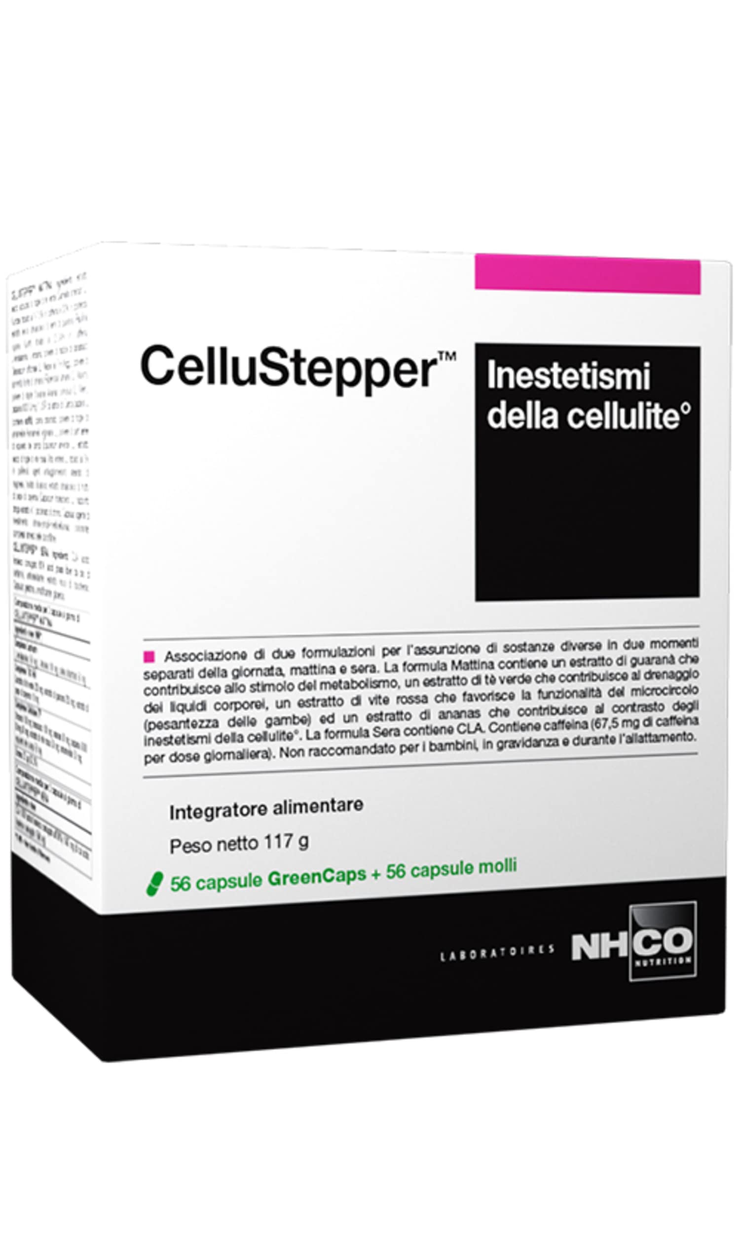 NHCO Nutrition Cellustepper Inestetismi della cellulite, Integratore alimentare costituito da 3 complessi. Confezione da 56 capsule vegetali + 56 c…