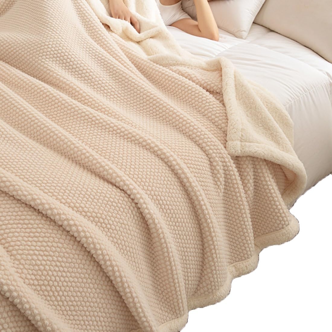 Fleece Throw Blanket for Couch, Cozy Warm Blanket for Sofa Bedroom Living Room, All Seasons Suitable for Women, Men(Beige,4.9'x6.5')