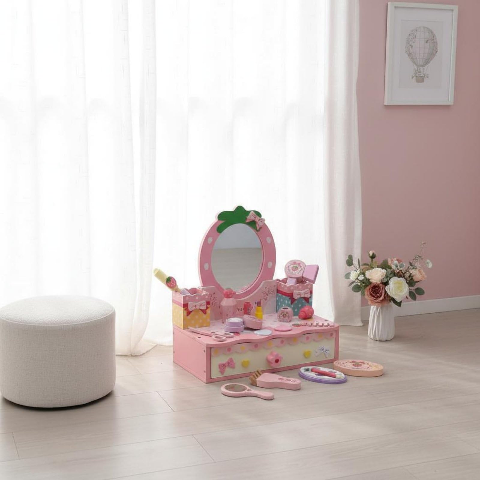 Tavolo Trucco Bambini Toeletta Gioco Specchio Realistico Legno Lavorato Accessori Trucco Finto Gioco di Ruolo Autostima Creativa Adatto per Cameretta Regalo Bambina, Cuore Da Tavolo