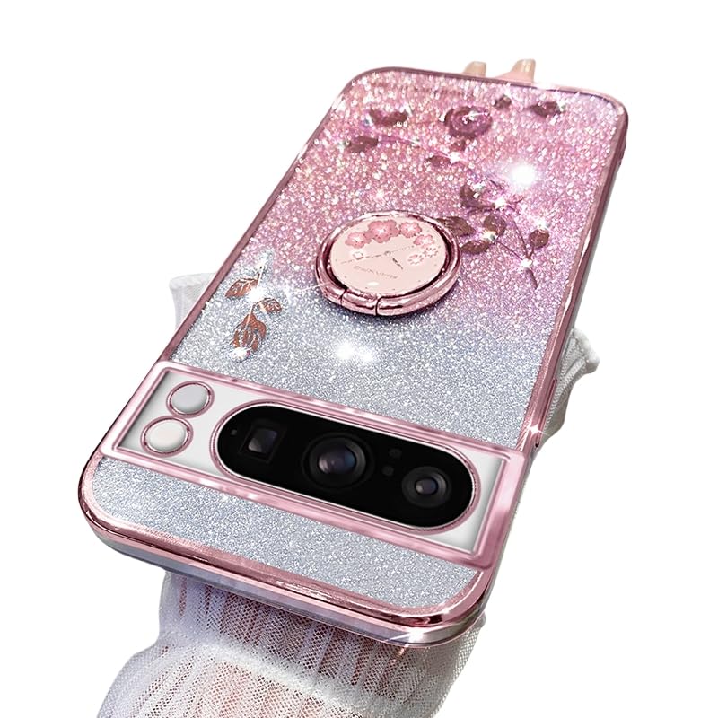 Silicone Cover for Google Pixel 8 Pro Case, TPU with Metal Ring Stand Protection Cover Luxury Plating Glitter Cute Flowers Design Case Compatible with