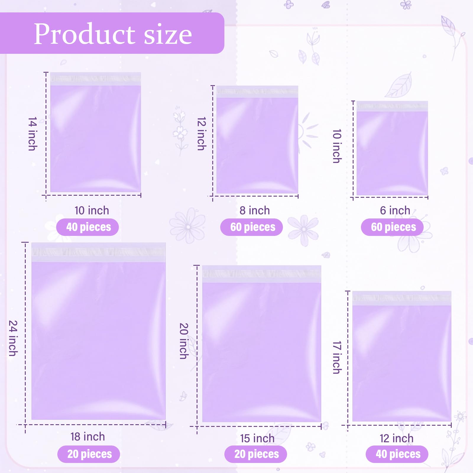 Outus Lot de 240 enveloppes d'expédition autocollantes de tailles variées en polyéthylène - 6 tailles assorties - Imperméables et indéchirables - Pour vêtements, livre, cadeau (violet)
