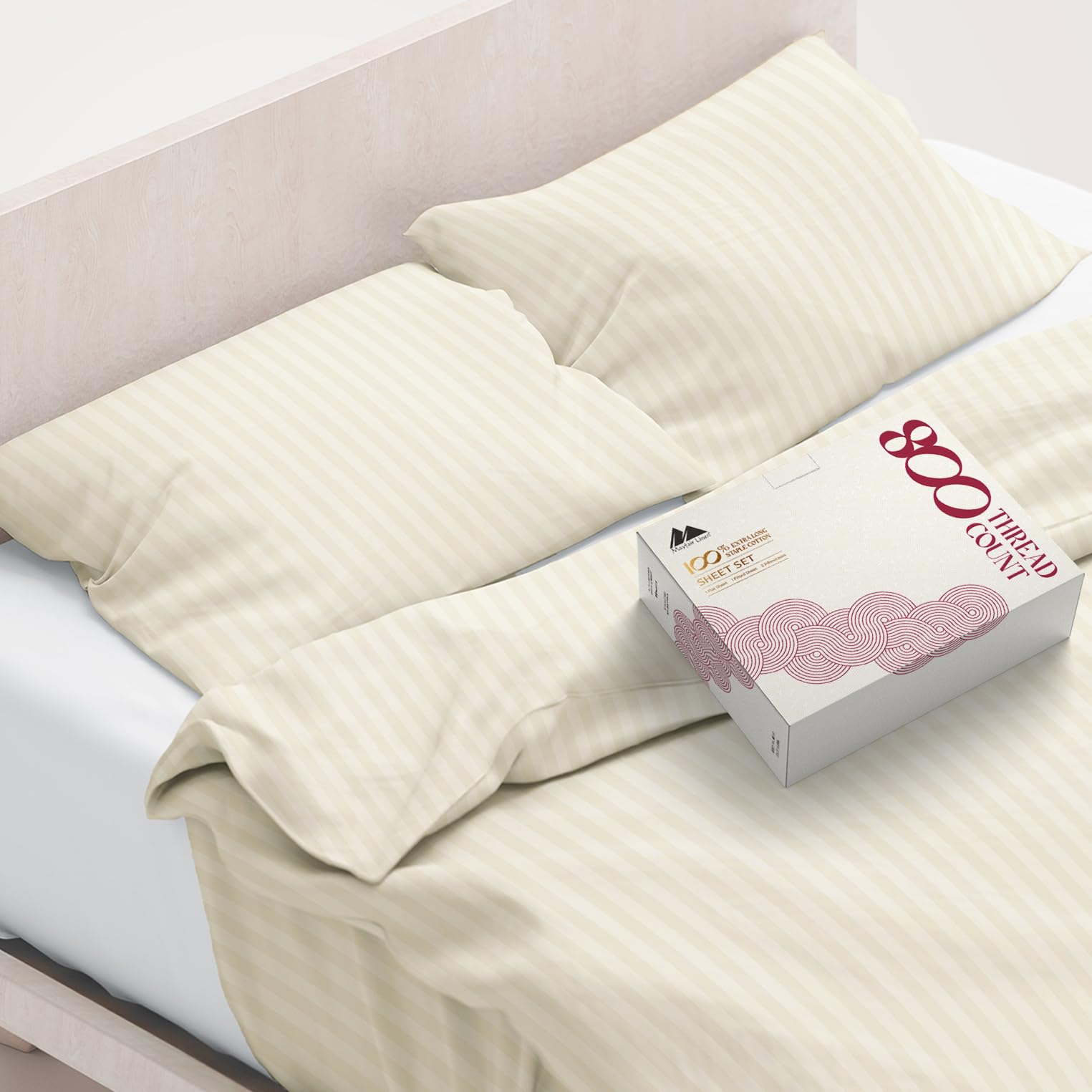 Mayfair Linen 800 Thread Count 100% Cotton Sheets,4 Piece Sheets Set, Long Staple Cotton, Fits Mattress Upto 16'' DEEP Pocket (Queen, Ivory - Stripe)
