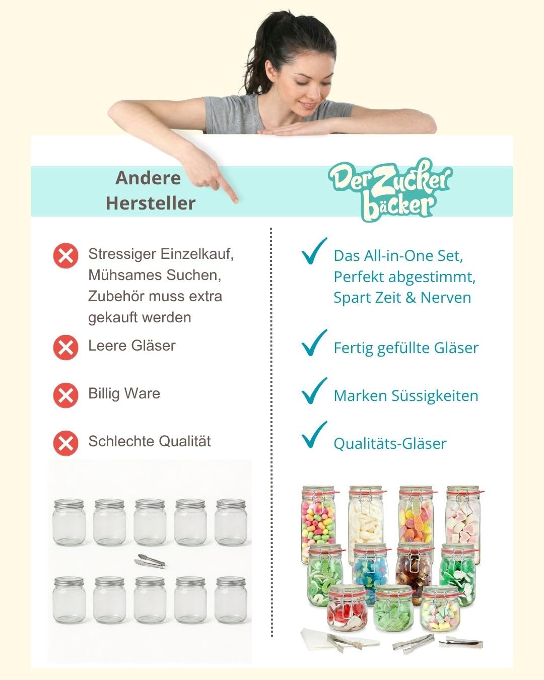 Der Zuckerbäcker Fertige Candy-Bar, Gläser gefüllt mit Süßigkeiten - Candybar Zubehör Set inklusive, Candy Bar Süssigkeiten für Hochzeit, Geburtstag