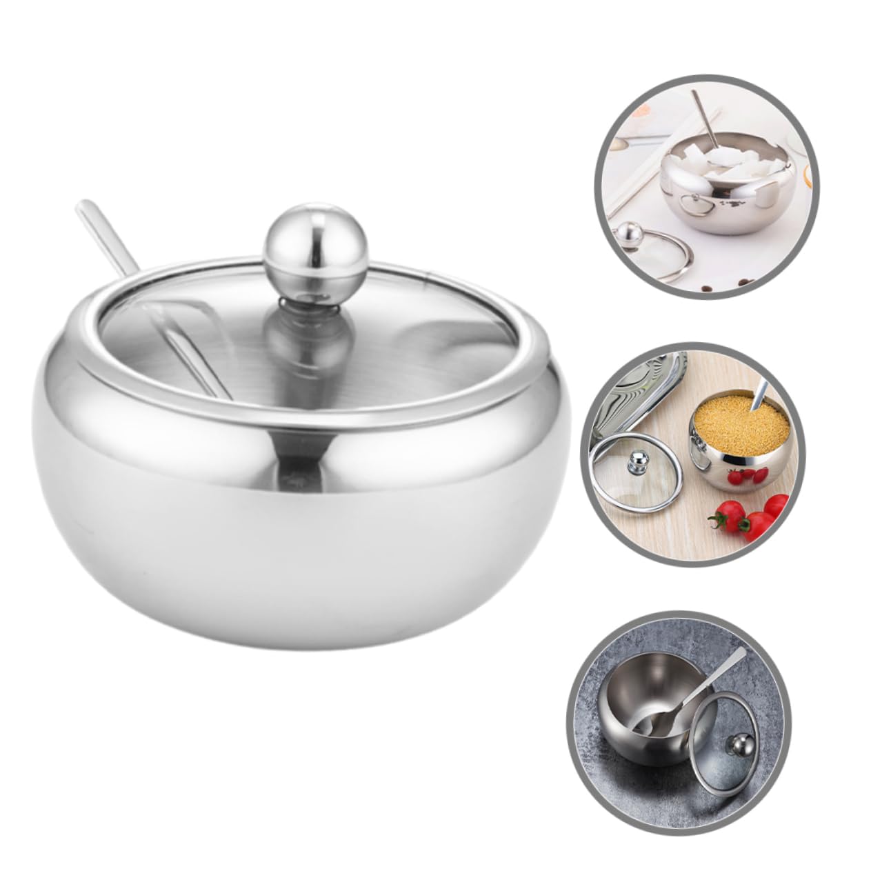 Azucarero de acero inoxidable con tapa de cristal, recipiente de metal para condimentos, tarro de especias de grado 304, almacenamiento duradero de cocina para azúcar, especias y condimentos
