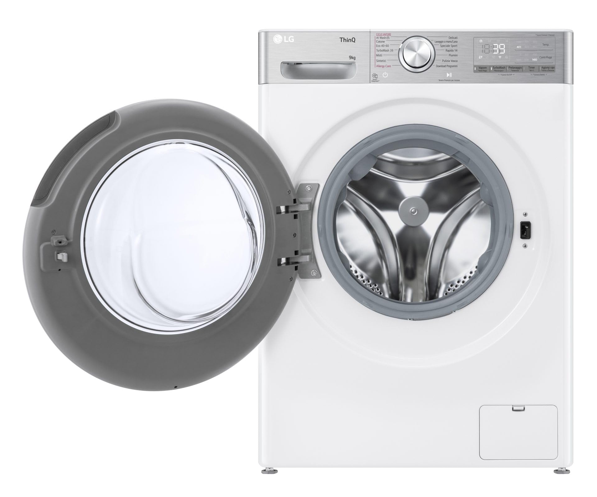LG AI DD F4R9009TPWC Waschmaschine Klasse A -40%, Frontlader Serie R9, Waschmaschine 9kg, 1400 Umdrehungen, AI Wash, TurboWash 360, Dampfwäsche mit Knickschutz, Wi-Fi, Freistehend, Weiß