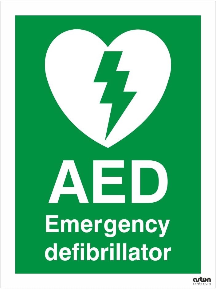 AED, Emergency Defibrillator, first aid sign. 150mm x 200mm (1mm Thick Rigid Plastic)