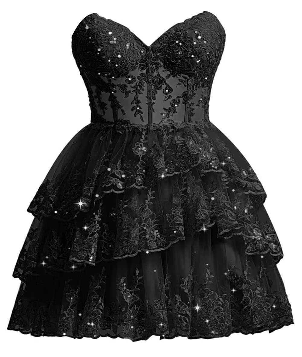 Corset Sparkly Sequin Homecoming Dresses 2024 Short Tiered Tulle Strapless Lace Appliques Prom Dress for Teens