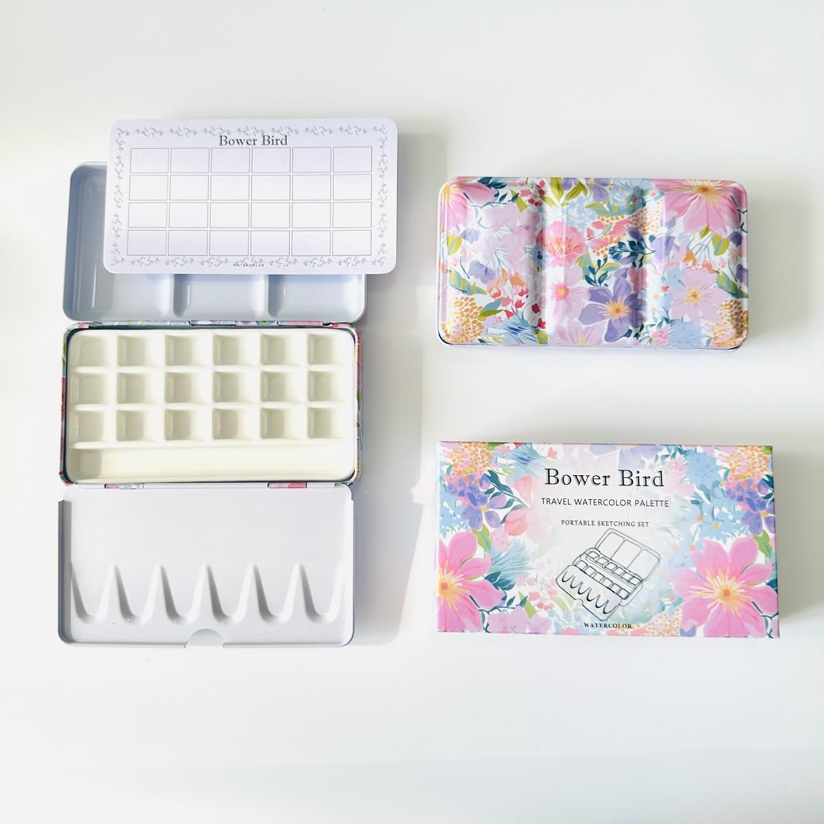 Bower Bird White Travel Watercolor Palette,Portable Ceramic Palette,Empty Paint Palette,Small Travel Metal Paint Boxwith Porcelain Palette (18Well)
