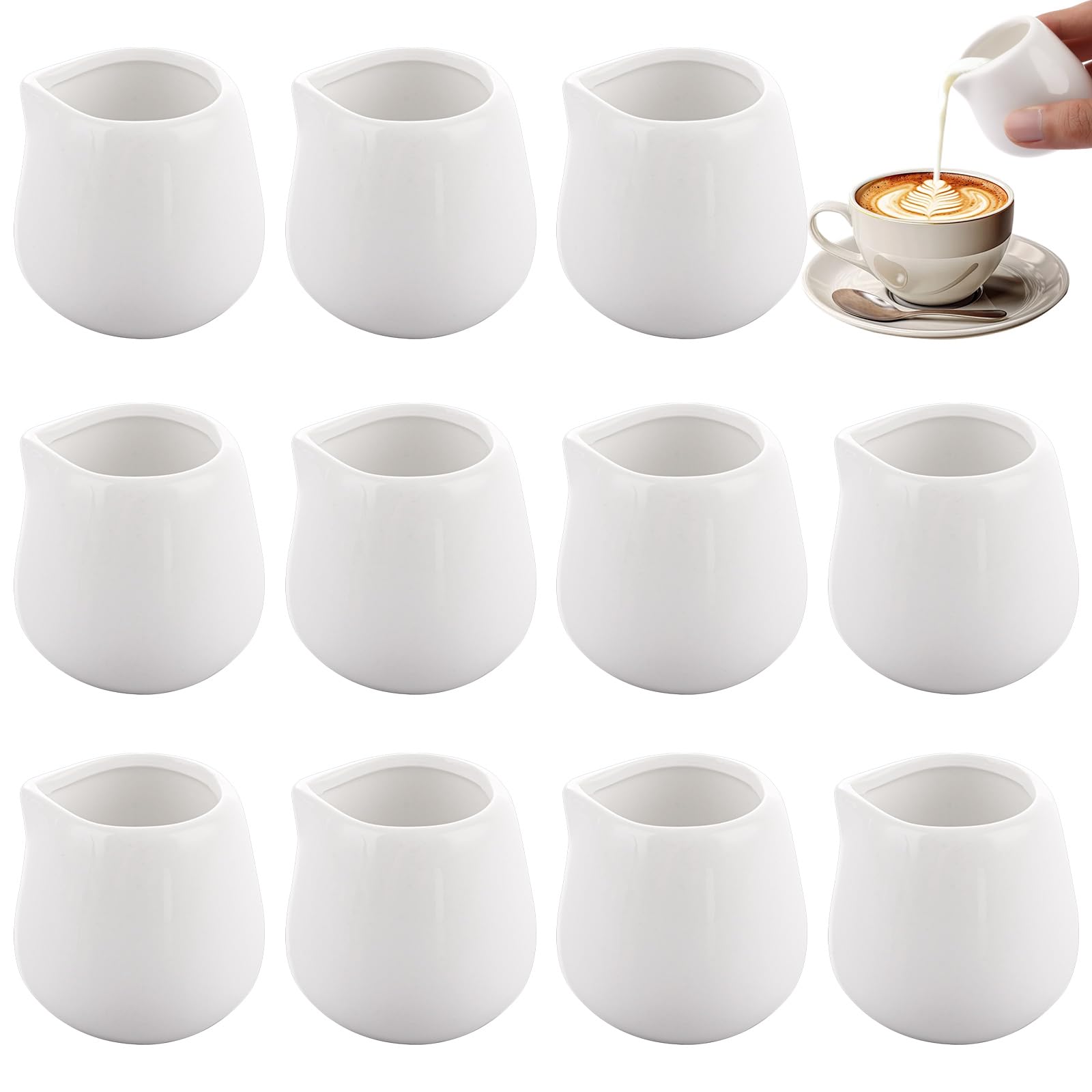 CYEER 12 PCS Small Milk Jug, 110ML White Ceramic Milk Jugs Small Sauce Gravy Jug Without Handle for Milk Coffee Sauce Gravy