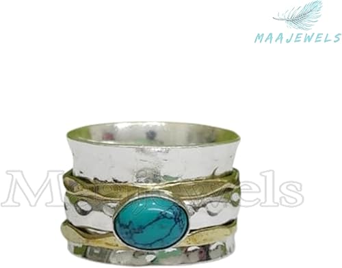 Miniatura 3 de Anillo giratorio de piedras preciosas para mujer, plata de ley 925 hecha a mano, anillo giratorio martillado hecho a mano, anillo bohemio de